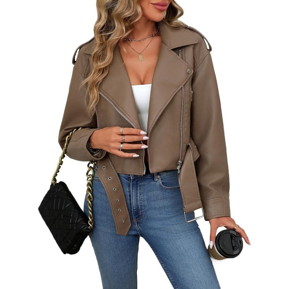 Women's Coffee Faux Leather Cropped Jacket Vegan Motor Biker Coat with Belt